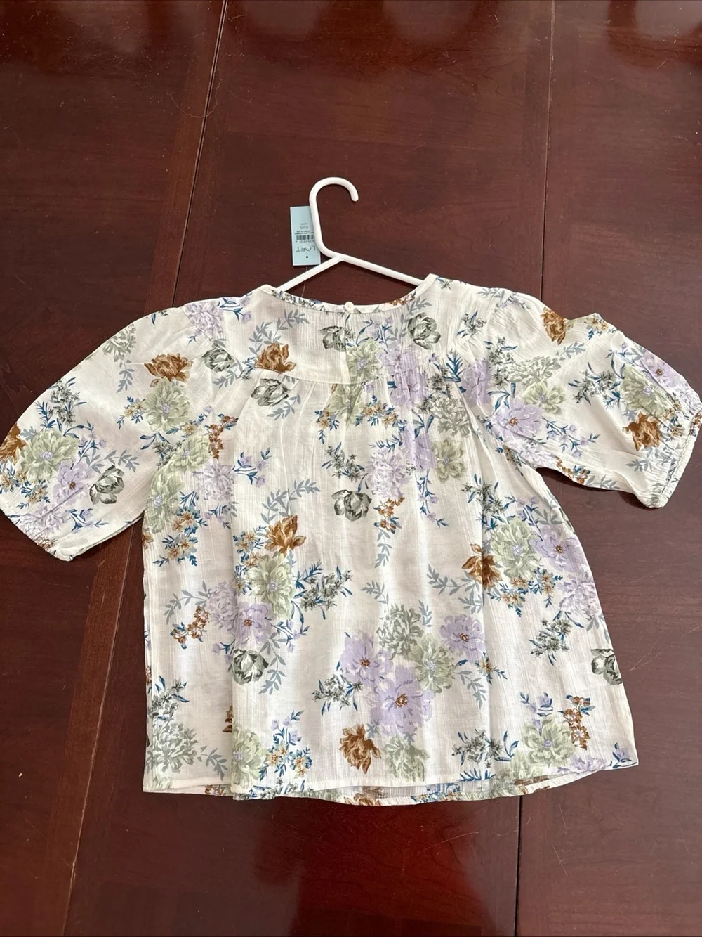 LOFT Cream Floral and Lace Puff-Sleeve Top